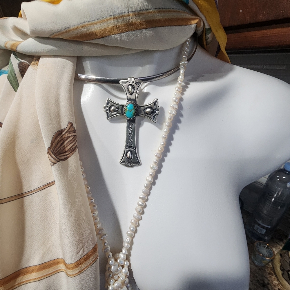 STERLING ilver Cross Pendant with Turquoise Stone - Picture 11 of 11